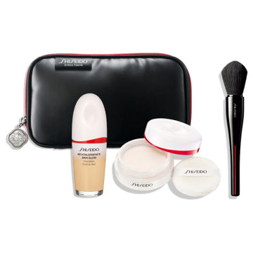 SHISEIDO Base Makeup Kit (Essence Skin Glow Foundation (140)) - Brush Pouch Kit (Essence Skin Glow Foundation 220 & Essence Skin Setting Powder 01 & MARU FUDE) / 30mL, 7g, 1 unit, container only - 30ml product bottle on white background