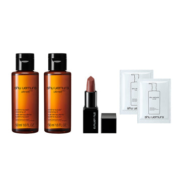 shu uemura Mini Lip & Cleansing Oil Trial Kit Luxurious Skincare Set White Background