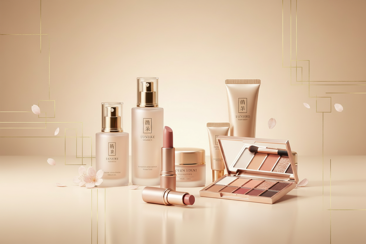 Premium Japanese beauty products — skincare, lipstick and makeup palette with warm golden tones